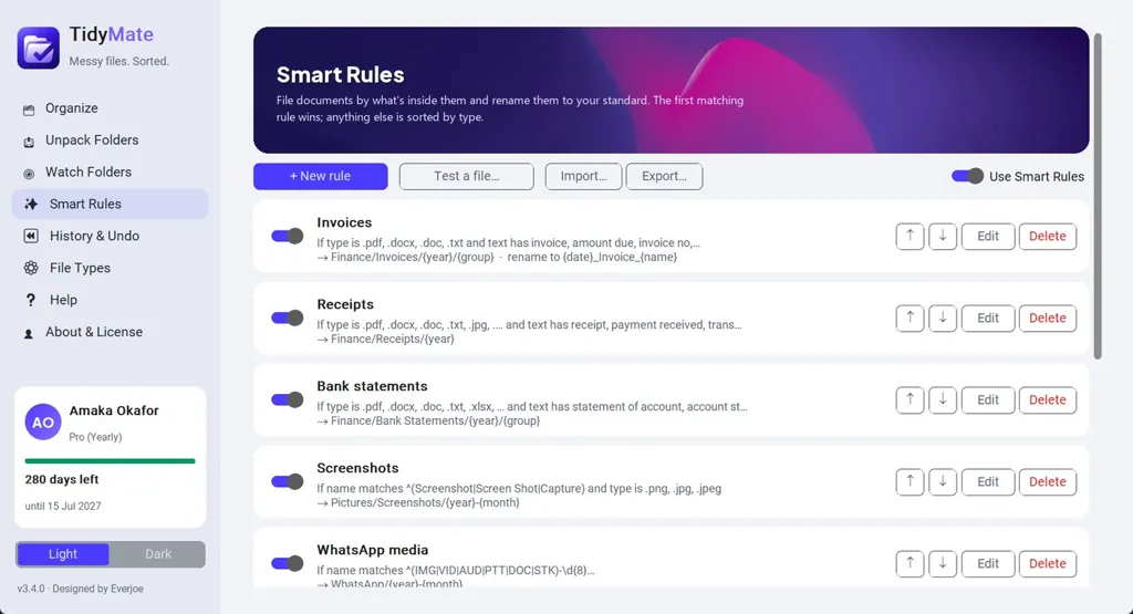 TidyMate Smart Rules list: invoices, receipts, bank statements, screenshots, WhatsApp media