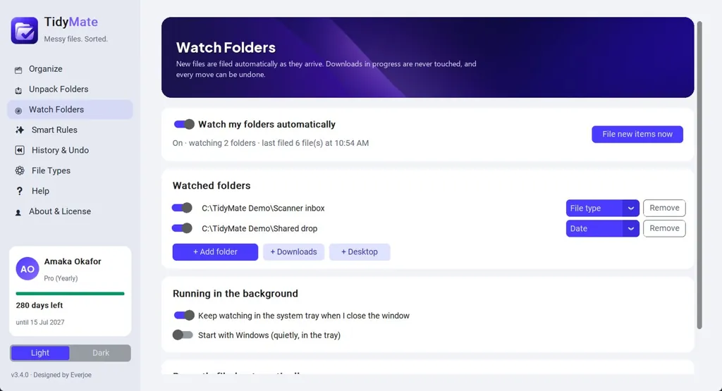 TidyMate Watch Folders screen